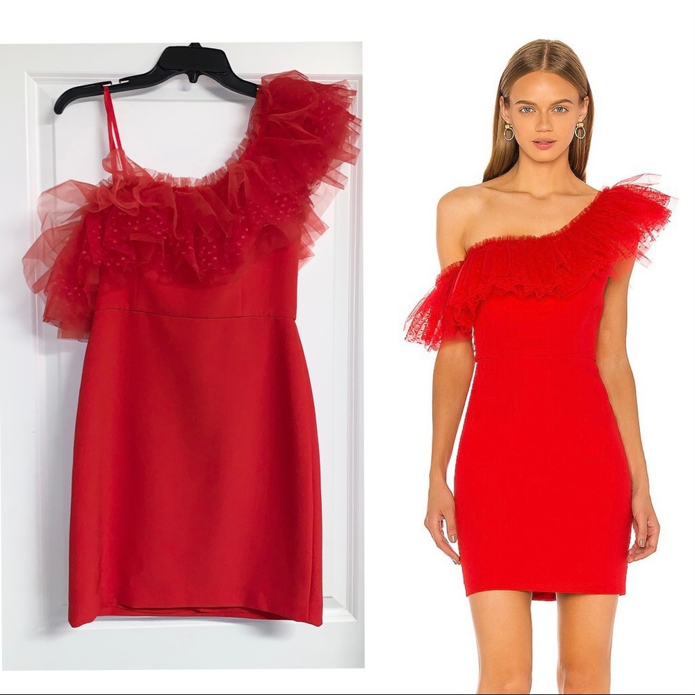 BCBGMAXAZRIA One Shoulder Ruffle Neck Mini Dress